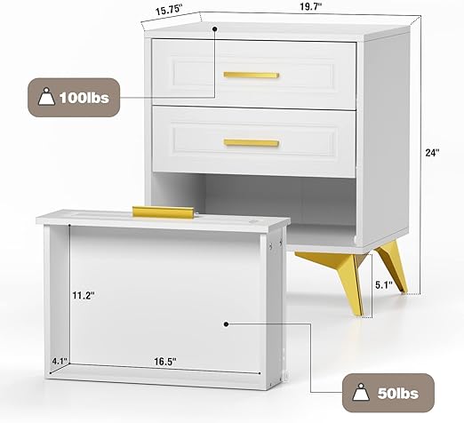 nightstand with 3 drawers takes up less space, providing plenty of storage space. Convenient for DVDs, lamps, books, glasses, décor accessories,Modern Bedside Table with Gold Solid Metal Legs, Wood Side Table Bedroom,Sofa End for Hallway