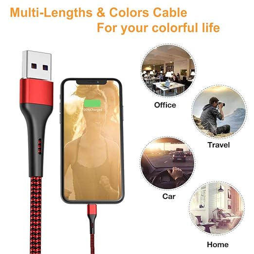 Supports maximum 2.4amp current and 480Mbps transfer speeds for your devices in 100% safe case. Certified Lightning Cable,Fast iPhone Charging Cord Nylon Braided Compatible iPhone 11/ XS/Max/XR/X/8/8P/7/7P/6/SE/iPad/iPod