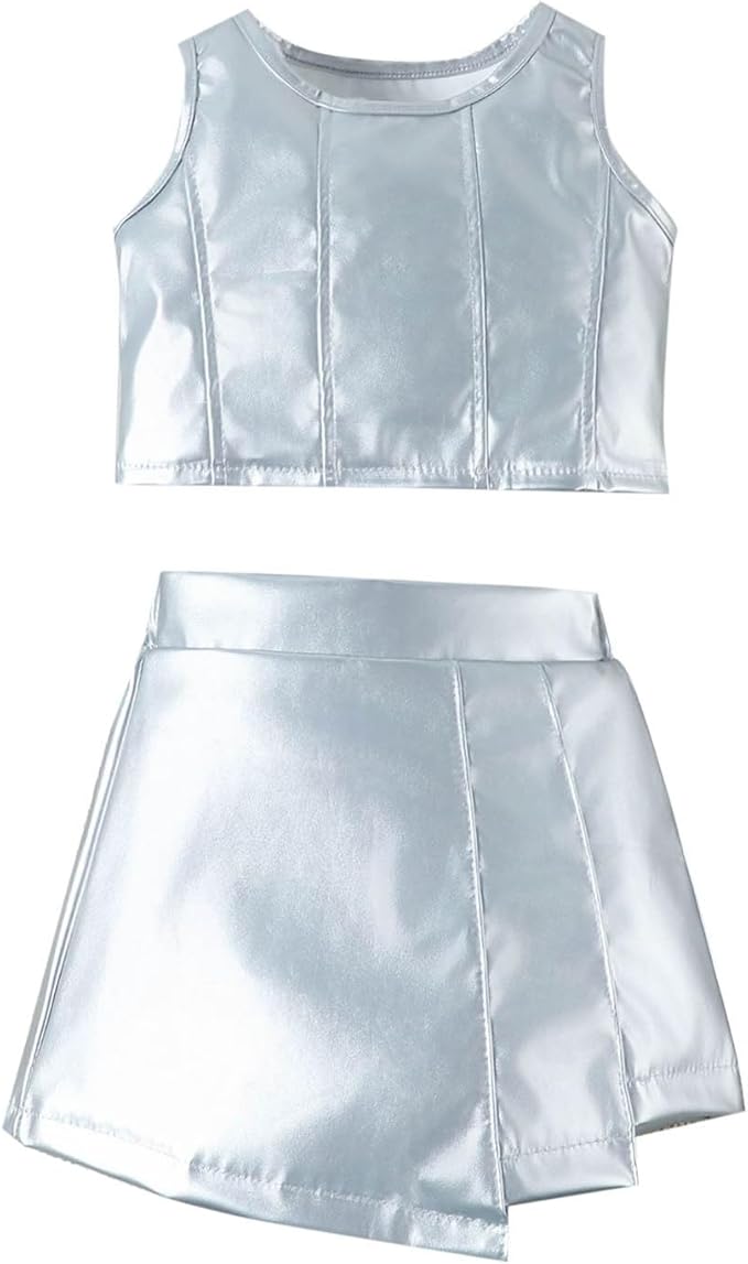 Suit for daily wear, party, evening, prom, casual, outdoor, homecoming, picnic, holiday and other special occasions,  PU Faux Leather Crop Tank Top and Mini Skirts Set
