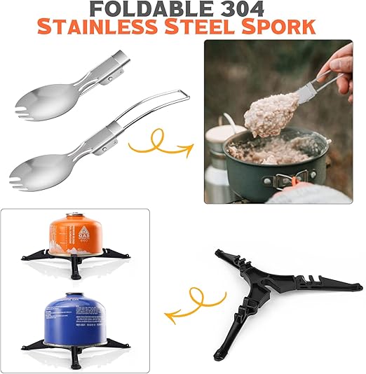 camping cookware made of aluminum alloy and stainless steel,Mini Backpacking Stove Stainless Steel Cup Spork and Tank Bracket Cleaning Tools Mesh Bag,
