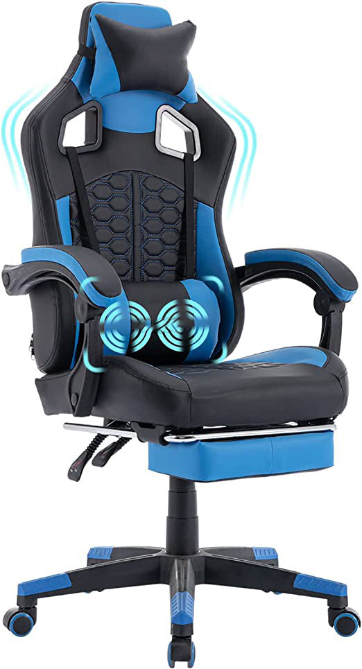 Massage Gaming Chair High Back Racing PC Computer Desk Office Chair Swivel Ergonomic Executive Leather Chair with Footrest and Adjustable Armrests Grey
