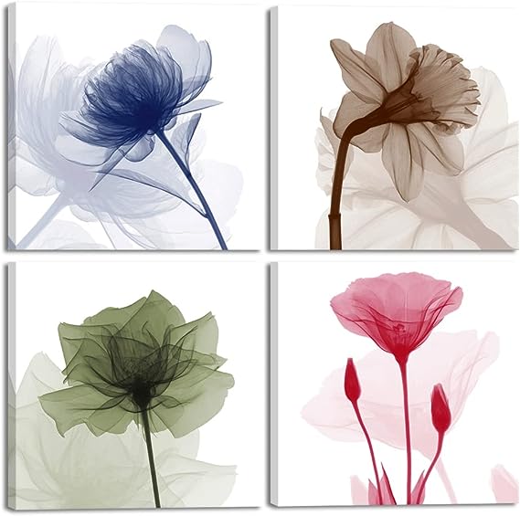 4 Piece Modern Stretched and Framed Contemporary Floral Giclee Canvas Prints Artwork Pictures