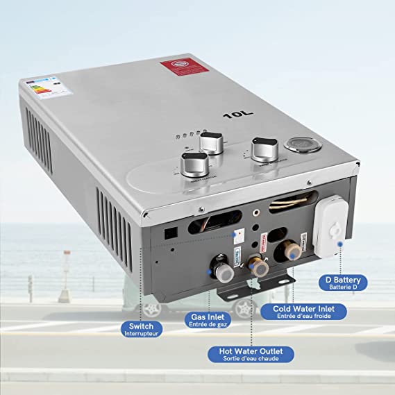 BreeRainz 10LPM Gas Water Heater,20KW Propane Tankless Water Heater with Supercharged Shower,LPG Propane Butane Applicable,2.8psi Low Starting Water Pressure,for Home,RV and Outdoor