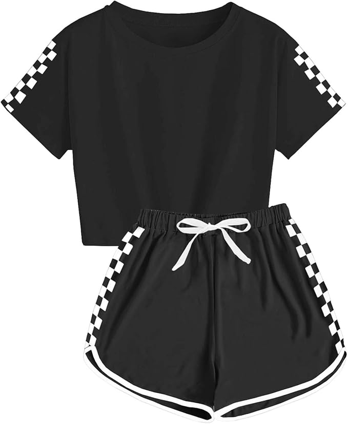 kids tracksuit features a short sleeve crop tops tees and high waist shorts, and some plaid on the sides. The girls crop top and high waisted shorts, Short Sleeve Crop Top + Plaid Shorts Set Kids Sports Tracksuit