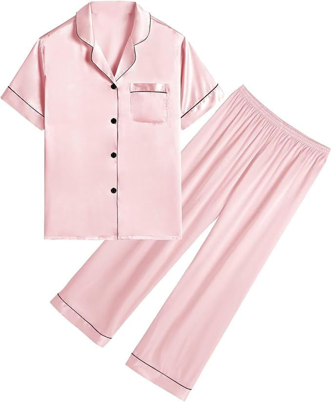 pajama sets is made of satin with some stretch touch, silky-smooth, very softly and comfy. Lightweight and skin-friendly material gives you a pretty and sweet night.