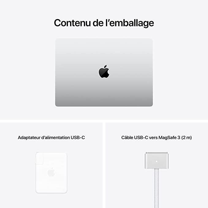 Apple 2021 MacBook Pro (16-inch, Apple M1 Max chip with 10‑core CPU and 32‑core GPU, 32GB RAM, 1TB SSD) - Silver - French