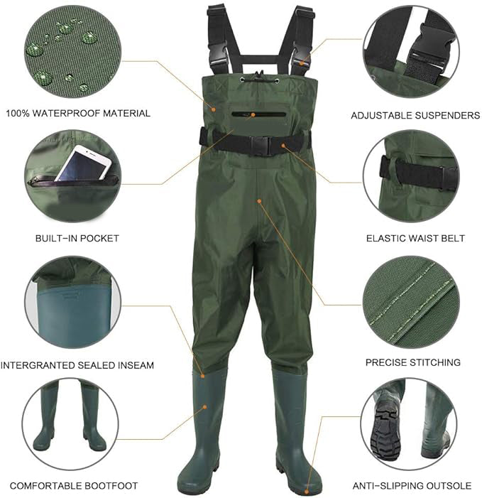 The boots and pants are integrated instead of stitching together, Waterproof Hunting Chest Wader with Bootfoot Belt Breathable Lightweight Fishing suit UniSex