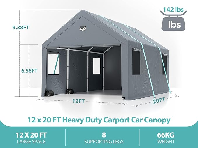 All-Season Tarp Cover,Metal Roof &Side Walls for Car,  Car Tent Garage with Roll-up Windows