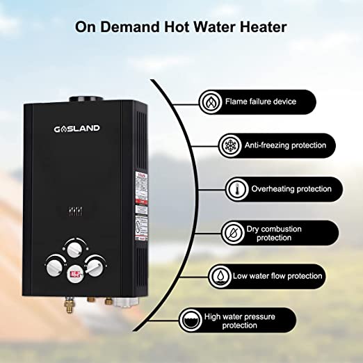 Tankless Water Heater Propane, GASLAND Outdoors 10L 2.64GPM Gas Water Heater, Instant Hot Water Heater, Overheating Protection, Easy to Install, Use for RV Cabin Barn Camping Boat(Black)