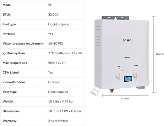 Onsen - 5L Portable Tankless Propane Water Heater - Dual Ignition System - Instant Hot Water - for Camping & Outdoor Use Only - with LED Screen, Premium Shower Head, & 12-Volt Alligator Clips