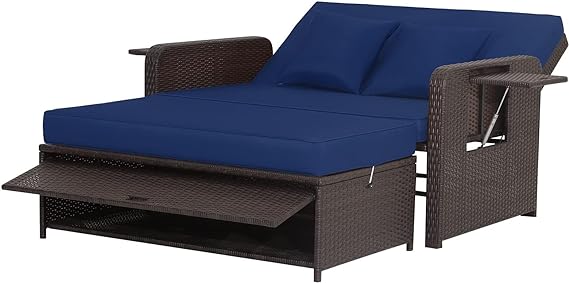 the plush cushions and enjoy unparalleled coziness. For extended service life,Rattan Loveseat Sofa with Ottoman, Adjustable Backrest, Retractable Side Trays, Sun Lounger for Backyard, Poolside, Garden