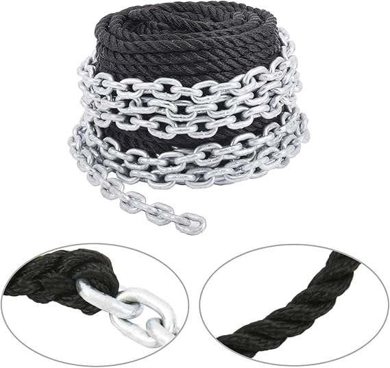 15 Feet Galvanized Chain for Boat Dock Line,  professionally spliced to 3 strand twisted nylon rope