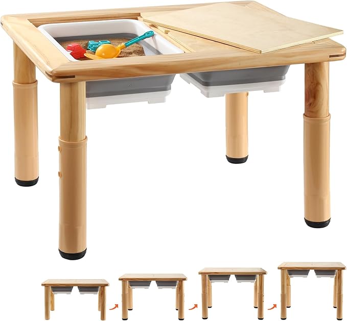 kids sensory table cover is crafted from high-quality plywood, ensuring it remains sturdy and resistant to warping.4-Level Height Adjustable Kids Sensory Table with Anti-Warping Plywood Lid, Indoor/Outdoor Play Sand and Water Table
