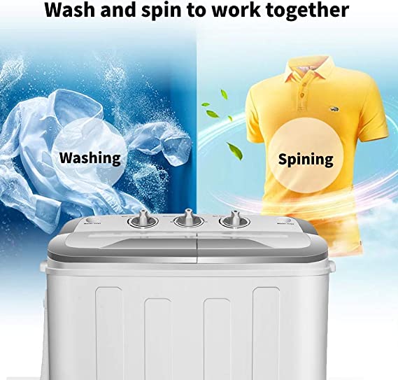 Clothes Washing Machines,SAFEPLUS Compact Mini Twin Tub Versatile Washer Machine with 8 lbs Washing &5 lbs Spin Dryer Load Cappacity Gravity Drain Pump and Drain Hose for Apartment