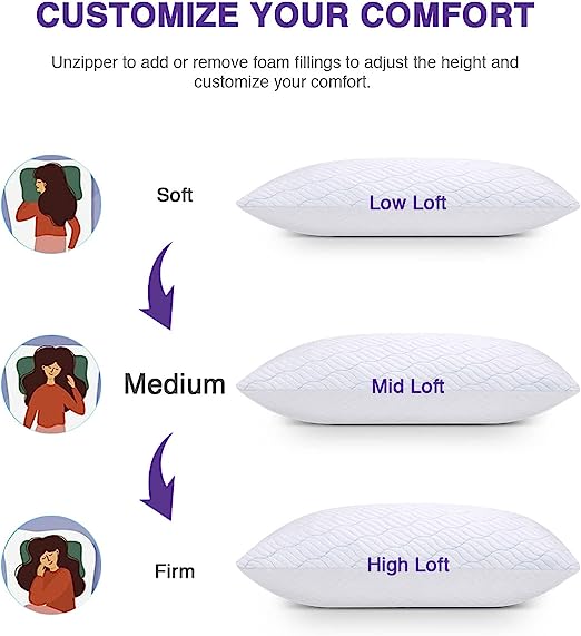 2 Pack, 20x30 Queen Size Set of 2 with Zipper, Hypoallergenic Sleeping Pillows for Neck and Shoulder Pain,