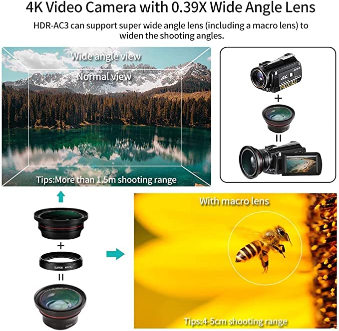4K Camcorder Vlogging Camera for YouTube ORDRO AC3 HD Video Camera 1080P 60FPS IR Night Vision Camera Recorder Digital Camcorders with Microphone Wide Angle Lens Handheld Stabilizer