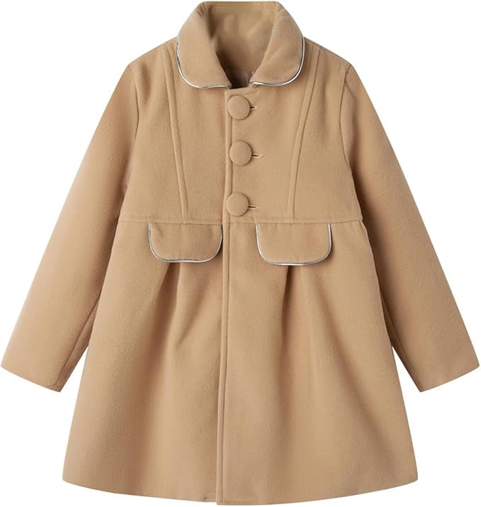 The dress features a classic peacoat silhouette with elegant silver trim details, Little Girls Peacoat Faux Wool Dress Coat Slim