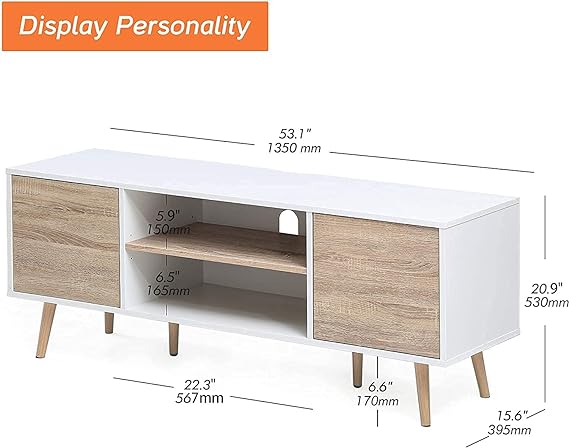 . Made from high-grade particle board material that promises a long service life.TVs up to 60 inch Flat Screen Wood TV Console Cabinet with Storage, Home Entertainment Center in White and Oak for Living Room