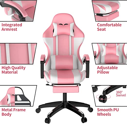 Pink  Gaming Chair with Footrest Office Chair Computer Chair with Lumbar Pillow Ergonomic Chair with Armrest Recliner Chair High Back Height Adjustable