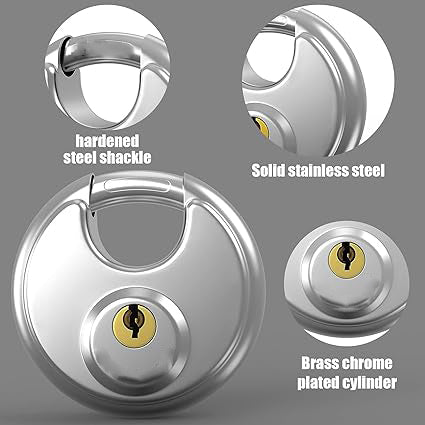 eavy duty disc padlock is made of 304 stainless steel, which is ultra waterproof and antirust. It provides maximum corrosion protection during outdoor or indoor use.