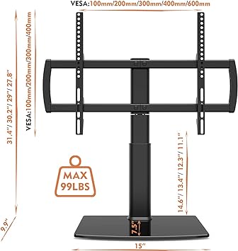 TV stand can easily hold your TV on your table with safety and stability,32 to 70 inch TVs 80 Degree Swivel, 4 Level Height Adjustable, Heavy Duty Tempered Glass Base