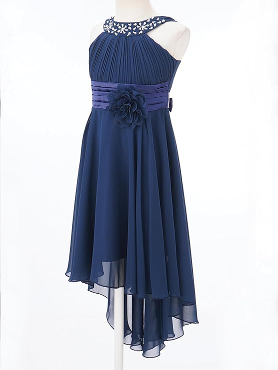 High-low chiffon hem with smooth lined, a pin-style 3D flower applique, this dress makes girls elegant and attractive, High Low Dress Sleeveless Round Neck Ruched Chiffon Wedding Bridesmaid Formal Flower Dress