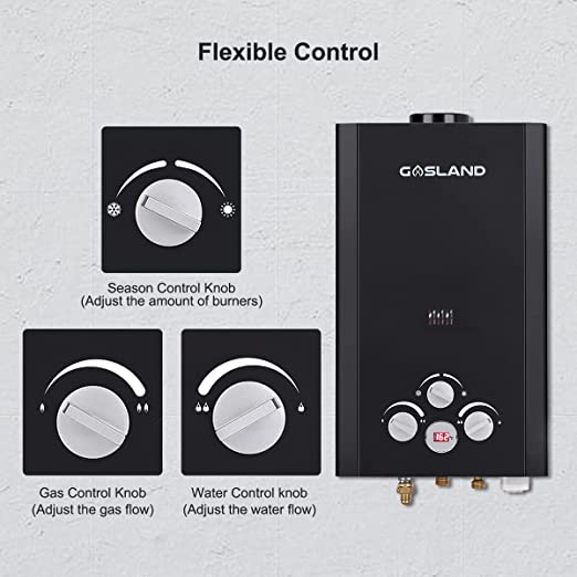 Tankless Water Heater Propane, GASLAND Outdoors 10L 2.64GPM Gas Water Heater, Instant Hot Water Heater, Overheating Protection, Easy to Install, Use for RV Cabin Barn Camping Boat(Black)
