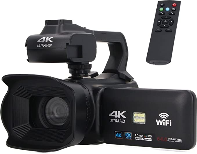 4K Video Camera, Camcorder 48MP HD WiFi Touch Screen Vlogging Camera, 18X Digital Zoom with Microphone Stabilizer Lens Hood Remote