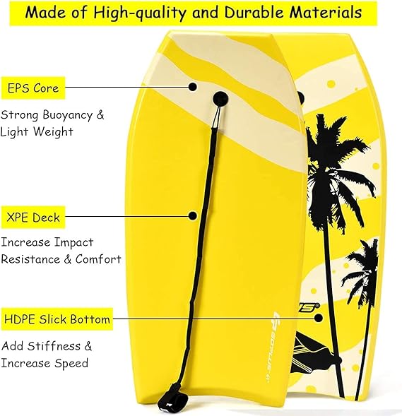 Bodyboard with EPS Core, XPE Deck, HDPE Slick Bottom, you can use our body board to enjoy a wonderful and exciting surfing experience in the sea,