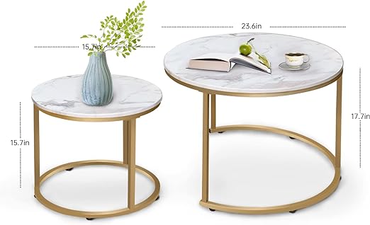 2 Side Set Golden Frame Circular Round and Marble Pattern Wooden Tables, Coffee Table
