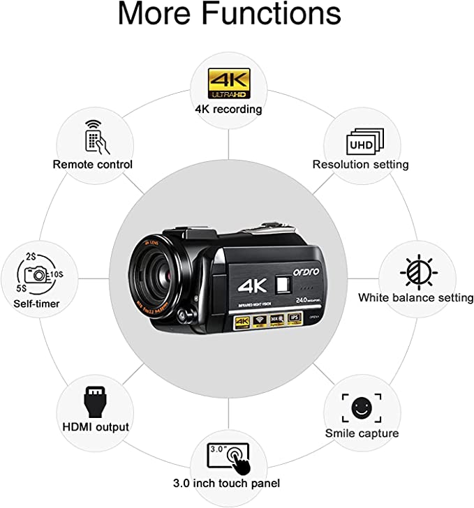 4K Camcorder Vlogging Camera for YouTube ORDRO AC3 HD Video Camera 1080P 60FPS IR Night Vision Camera Recorder Digital Camcorders with Microphone Wide Angle Lens Handheld Stabilizer