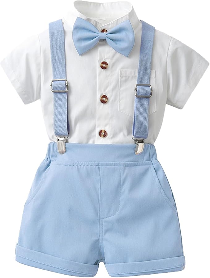 Toddler boy cute outfit includes 1 x shirt,1 x short pants,1 x suspender, 3 pcs in total. Pink polka dot shirt matches with gray partial elasticated suspender shorts, great as baby boy clothes for summer