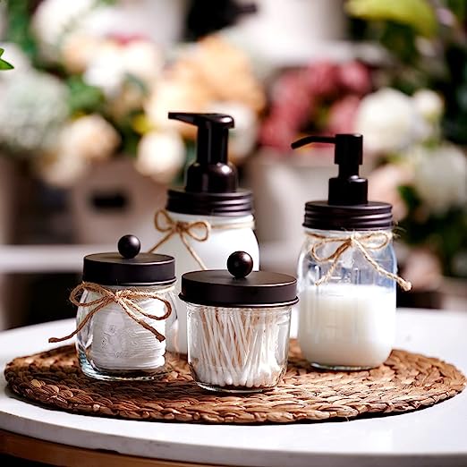 Set 4 - Mason Jar Soap Dispenser & 2 Apothecary Jars & Toothbrush Holder - Rustic Farmhouse Restroom, Bathroom Home Decor Clearance, Countertop Vanity Organizer, Black