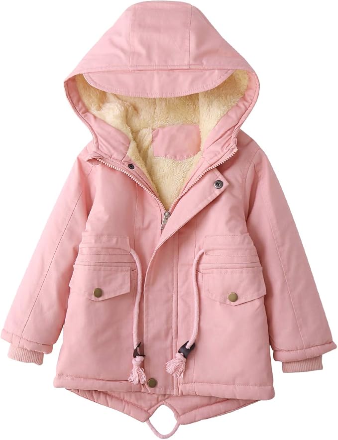 2 front side pockets to keep our kids small things safe or protect he/she hands against the windy and cold day.Winter Coat Fur Hooded Thicken Fleece Lined Warm Jacket with Pockets PINK