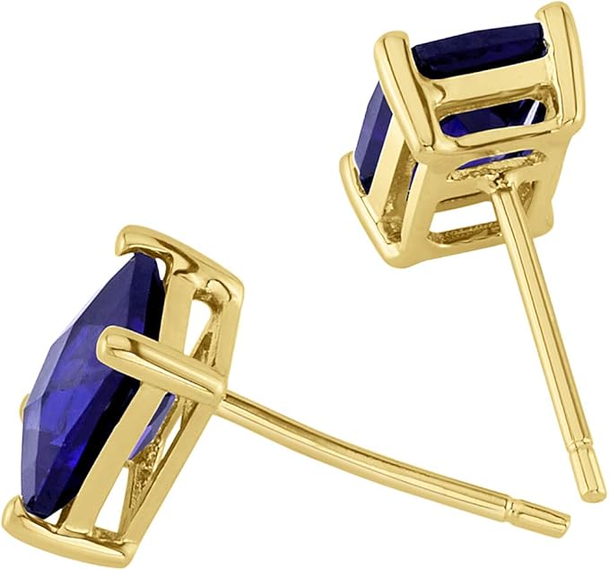 Flattering color that never overpowers yet elevates any style, Karat Yellow Gold, Classic Solitaire Studs, 7x5mm Radiant Cut, Blue Sapphire Earrings for Women - Girls