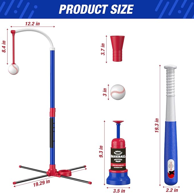 self-stick covers and can be hung anywhere from 15" to 30" off the ground, Set for Kids 3-5, Kids Baseball with Hanging Tee/Standing Tee/Automatic Launcher/6 Softballs