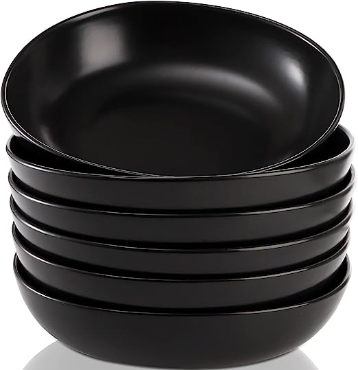 Pasta Bowls 30oz, Large Salad Serving Bowls, Porcelain Soup Bowls, Grey Pasta Plates Set of 6, Wide and Flat, Microwave Dishwasher Safe, Black