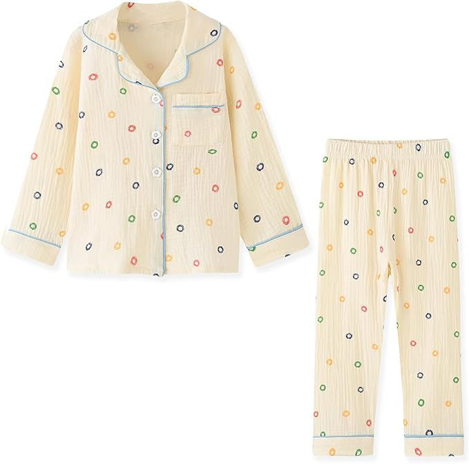 This kids pajamas set will never go out of style,loose-fit,the classic shirt collar,pants with elastic waist,all of this can keep kids comfortable as they sleep.A pair of pockets for kids' little toys and keep their hands warm