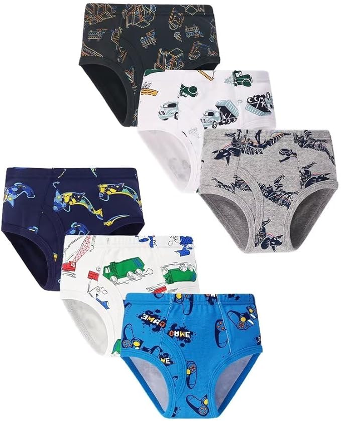 6 pieces a bag, packaged securely and we offer nice series Kids undies,beautiful and adorable print design,  Soft Cotton Briefs Dinosaur Truck Shark Toddler Kids Underwear