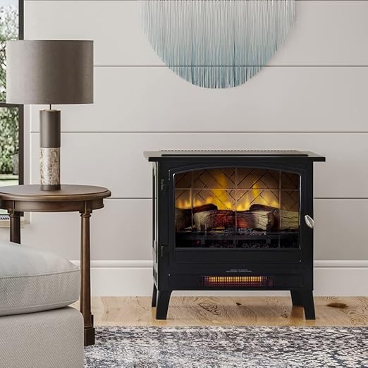 Easily adjust your temperature settings, timer for 30 minutes to 9 hours, power on/off,Electric Fireplace Stove Heater Multiple Flame Colors, Metal Design with Faux Wooden