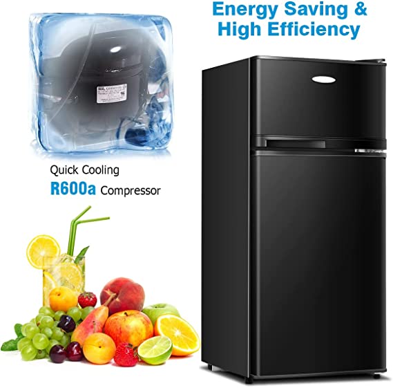 Mini Fridge with Freezer, 3.4 Cu.Ft Compact Refrigerator/Freezer Cooler w/ 7 Settings Temperature Adjustable, Removable Shelves & 2 Doors, Mini Fridge for Bedroom/Dorm/Apartment/Office (White)
