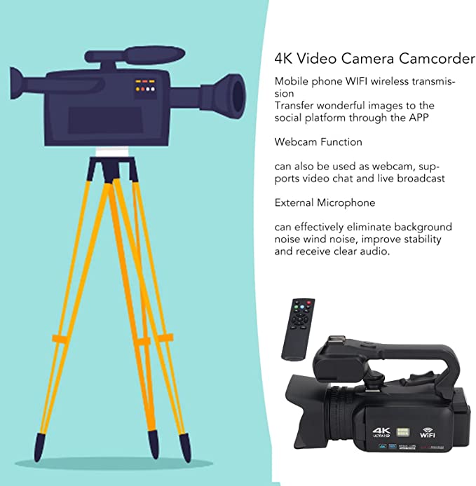 4K Video Camera, Camcorder 48MP HD WiFi Touch Screen Vlogging Camera, 18X Digital Zoom with Microphone Stabilizer Lens Hood Remote
