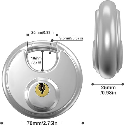 eavy duty disc padlock is made of 304 stainless steel, which is ultra waterproof and antirust. It provides maximum corrosion protection during outdoor or indoor use.