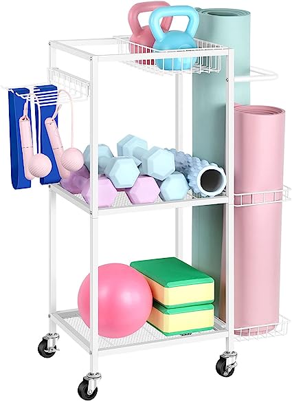 Home Gym Storage Rack with Hooks and Wheels and  Workout Equipment Storage Rack Cart