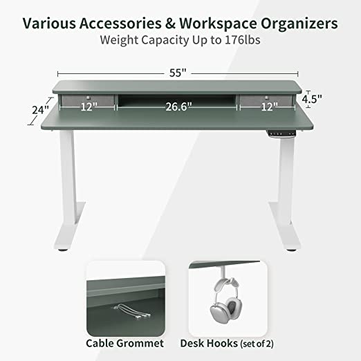 Desk with Double Drawer,Height Adjustable Electric Standing,55 x 24 Inch Stand Up,Splice Board