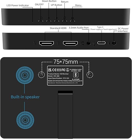 8 inch Small monitor ,250 cd/m2, 16: 9 aspect ratio, Touch screen, with IPS-160 degree full view, Monitor Touchscreen HD 800x480 Small Monitor Dual HDMI Port Mini Monitor for Raspberry Pi Laptop