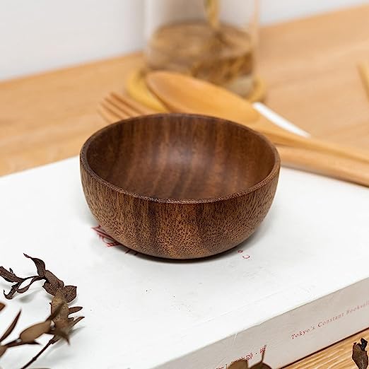 Wood Carved Plates Food Grade Wooden Small Bowl Japanese Dipping Tableware Bowl for Rice Soup Dip, salad Bowl for Dessert Nuts Olive
