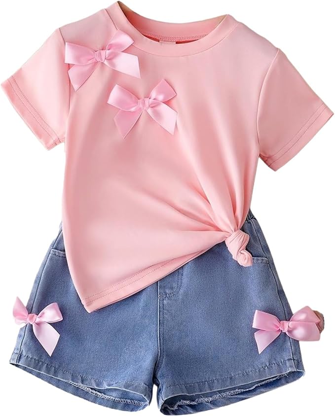 Little girl outfits come with cotton short sleeve shirt,cute bow design in front.And matching jeans shorts with adjustable waist