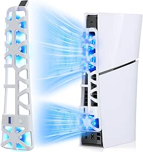 it efficiently ventilates hot air out of your console, ensuring optimal cooling and smooth performance, prolong its life. PS5 Slim Console, Quiet Cooling System with Memory Function and LED Light, Cooler Accessories with 3 High-Speed Fans & USB 3.0 Port