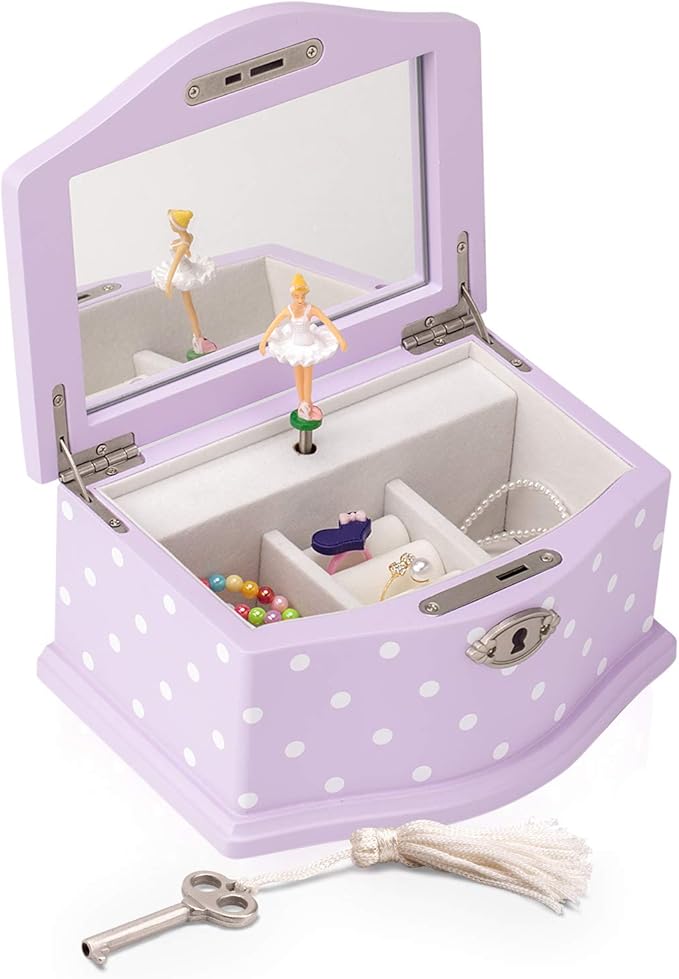 This wind-up musical box features a beautiful ballerina in front of a large mirror that spins to the tune of Swan Lake. Jewelry Organizer and Swan Lake Wind-Up Music Box for Girls and Teens,